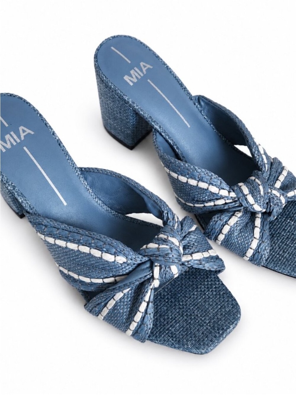 MIA Blue Raffia Knot Block Heel Mule Sandals Women's Size 8